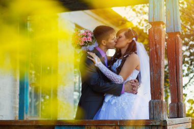 güneş ışığına gelin ve damadın eski ahşap ev ve öpücük ayakta