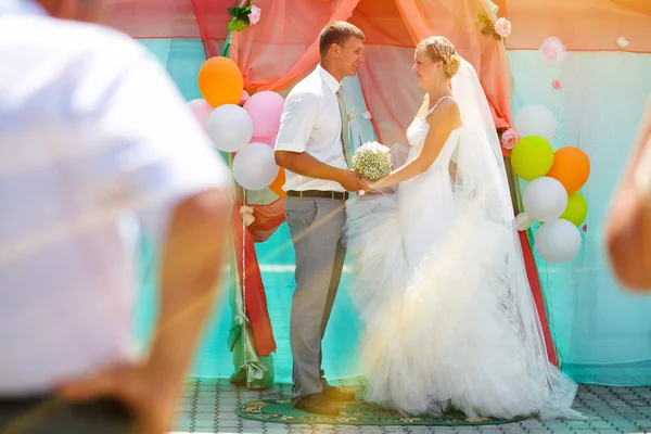 Luz solar Noiva e noivo recém-casados estão em cerimônia de registro cont — Fotografia de Stock