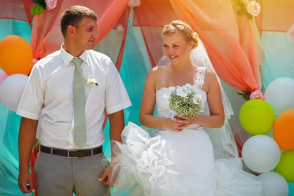 Sunlight Bride and groom newlyweds are on registration wedding c — Stock Photo, Image