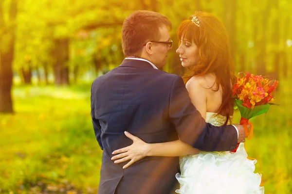 Zonlicht bruid en bruidegom pasgetrouwden kijken naar elkaars gezichten — Stockfoto