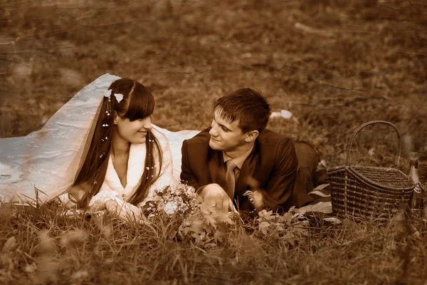 Retro black and white photo of sepia bride and groom at picnic i — Stock Photo, Image
