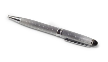 Gümüş tükenmez kalem hediye izole beyaz bir arka plan üzerinde