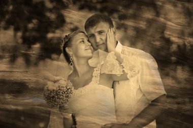 Retro sepya siyah-beyaz fotoğraf gelin damat sarışın yeni evliler s