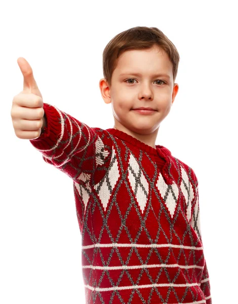 Cheerful blond boy in a red sweater, holding up finger isolated — Stock Photo, Image