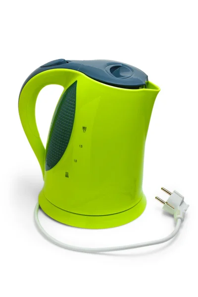 孤立在白色背景上的绿色茶叶电水壶 — 图库照片