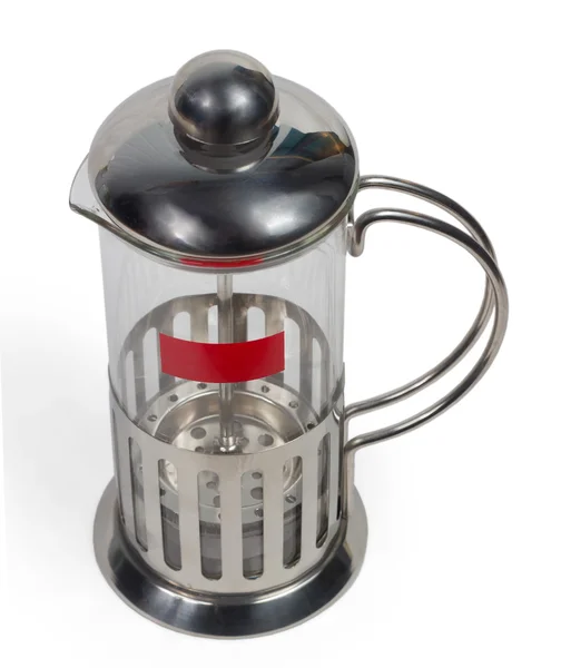 Czajniczek czajnik puste szkło herbaty błyszczący metal na białym tle — Zdjęcie stockowe