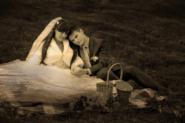 Retro sepia black and white photo bride and groom wedding in gre — Stock Photo, Image