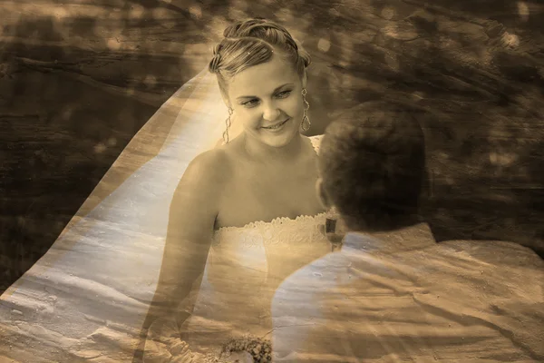 Retro sepia black and white photo, Bride looking at groom weddin — Stock Photo, Image