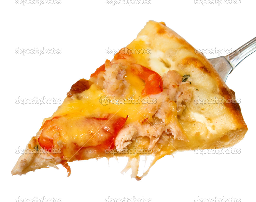 Appetizing pizza slice piece isolated on white background