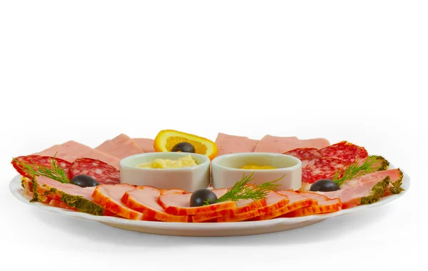 Sausage sliced ham mustard plate isolated white backgro — Stock Photo, Image