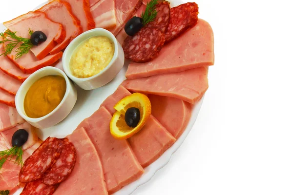 Sausage sliced ham mustard isolated plate — Stock Photo, Image