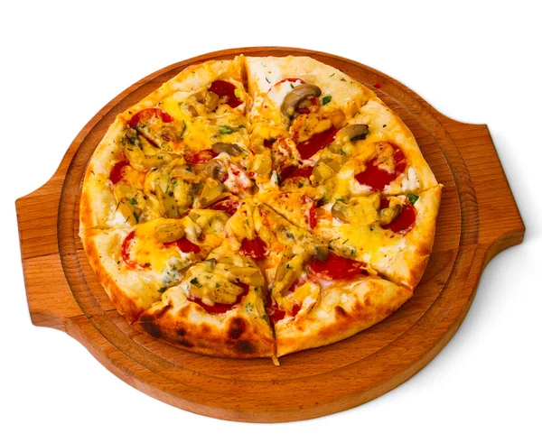 Ahşap tepsi yakın beyaz peynirli pizza lezzetli mantar — Stok fotoğraf