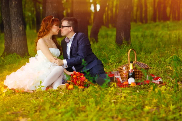 Couple mariée lumière du soleil et marié assis sur l'herbe verte, un pi — Photo