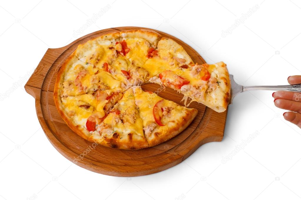 Wooden tray appetizing pizza cheese isolated on white background
