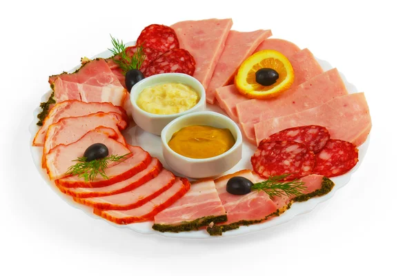 Food sausage sliced ham mustard isolated plate on white backgrou — Stock Photo, Image