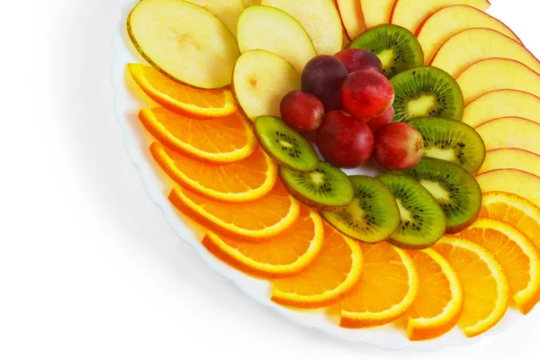 Plate apple kiwi grapes sliced food isolated on white background — Stock Photo, Image