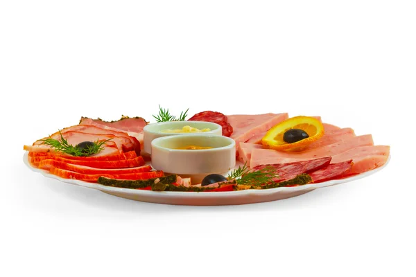 Sausage food sliced ham mustard isolated plate on white backgrou — Stock Photo, Image