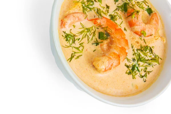 Krevety polévka Koprová jídlo v misce izolovaných na bílém pozadí — Stock fotografie