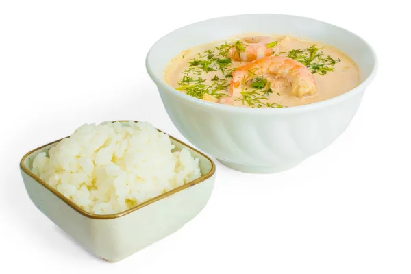 Sopa comida camarones arroz plato aislado fondo blanco — Foto de Stock