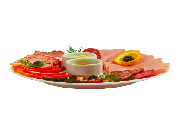 Comida salchicha rebanada jamón mostaza aislado plato en blanco backgrou — Foto de Stock