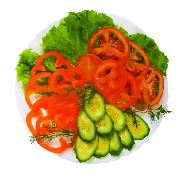 Tomatoes tasty cucumbers sliced salad plate isolated on white ba — Stock Photo, Image