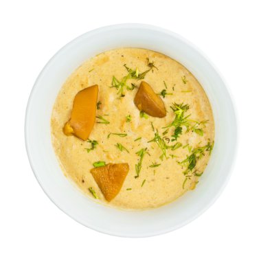 Beyaz arka plan üzerinde kırpma izole mantar çorbası plaka Gıda