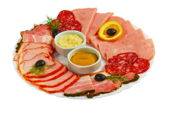 Food sausage sliced ham mustard isolated plate on white backgrou — Stock Photo, Image