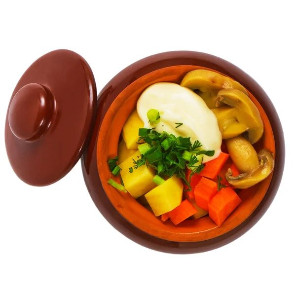 Food potatoes pot mushrooms carrot isolated on white ba — Stock Photo, Image