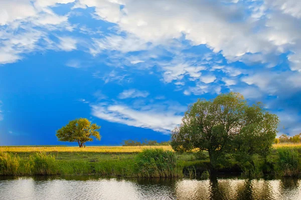 Zomer rivier hemel boom landschap aard bos reflectie beroe — Stockfoto