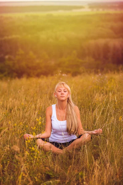 Woman yoga girl meditation female body lotus young relaxation he — Stock Photo, Image