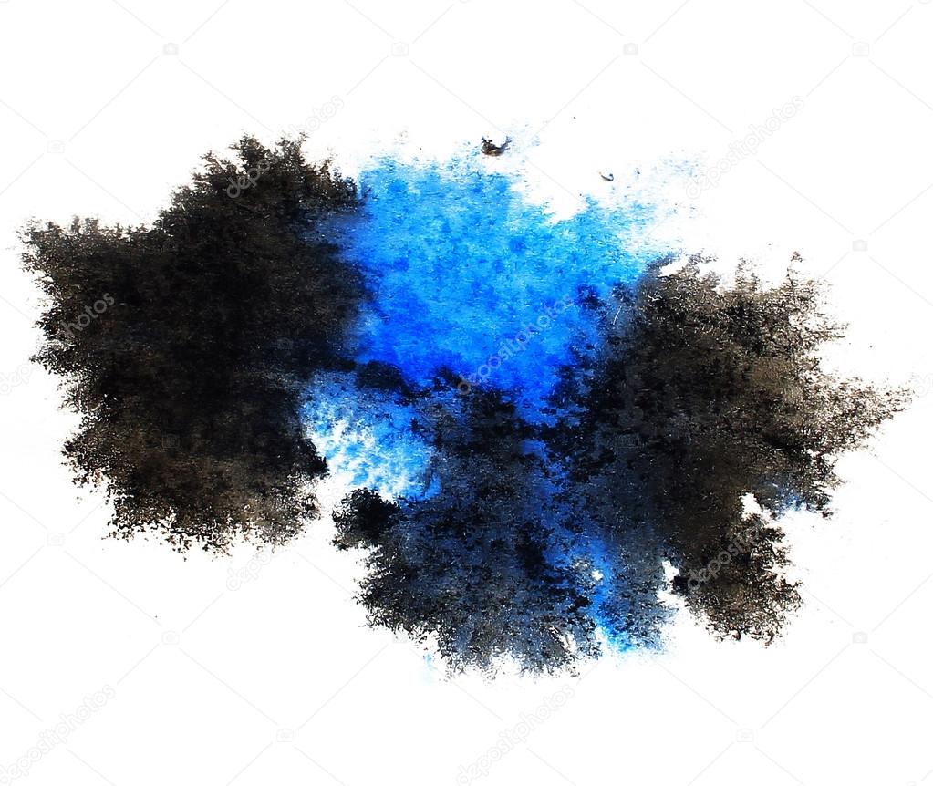 Watercolor black, blue splash isolated spot handmade colored bac