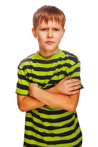 Angry restless evil dark blond kid in a striped green shirt, iso — Stock Photo, Image
