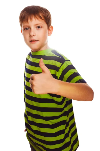 Niño rubio niño pequeño con camisa a rayas, levantando los dedos —  Fotos de Stock