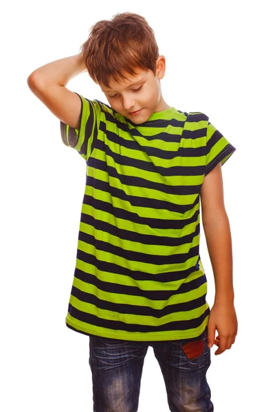 Blond boy kid in a striped green shirt is thinking, scratching h — Stock Photo, Image