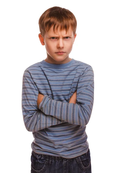Arg rastlös ond barn dystra blonda pojken i randig tröja isol — Stockfoto