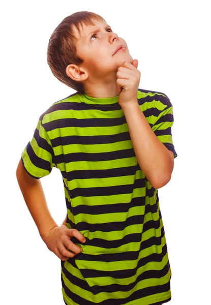 Rubio sombrío serio chico en una camisa de rayas verdes pensando y l —  Fotos de Stock