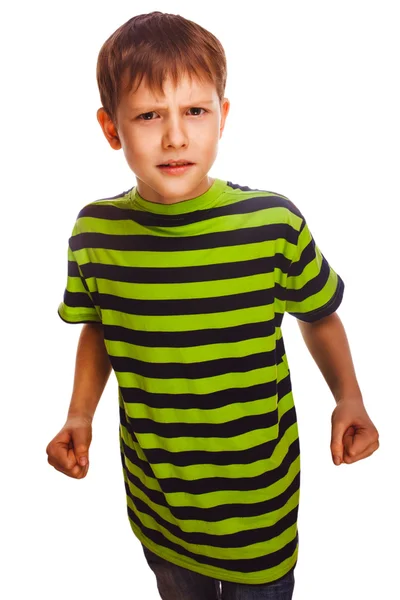 Bad child boy blond bully angry aggressive fights in striped gre — Stock Photo, Image