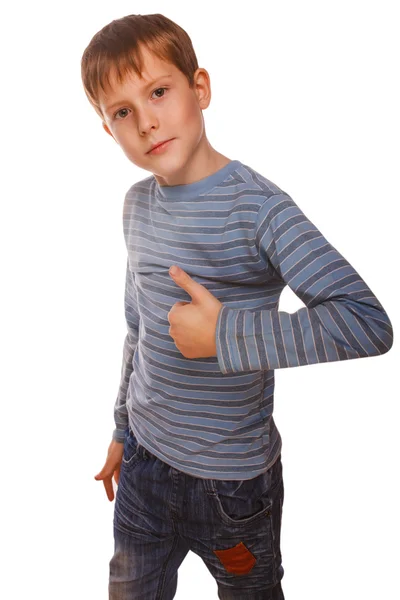 Blonde boy kid in striped jacket holding thumbs up, showing sign — Stock Photo, Image