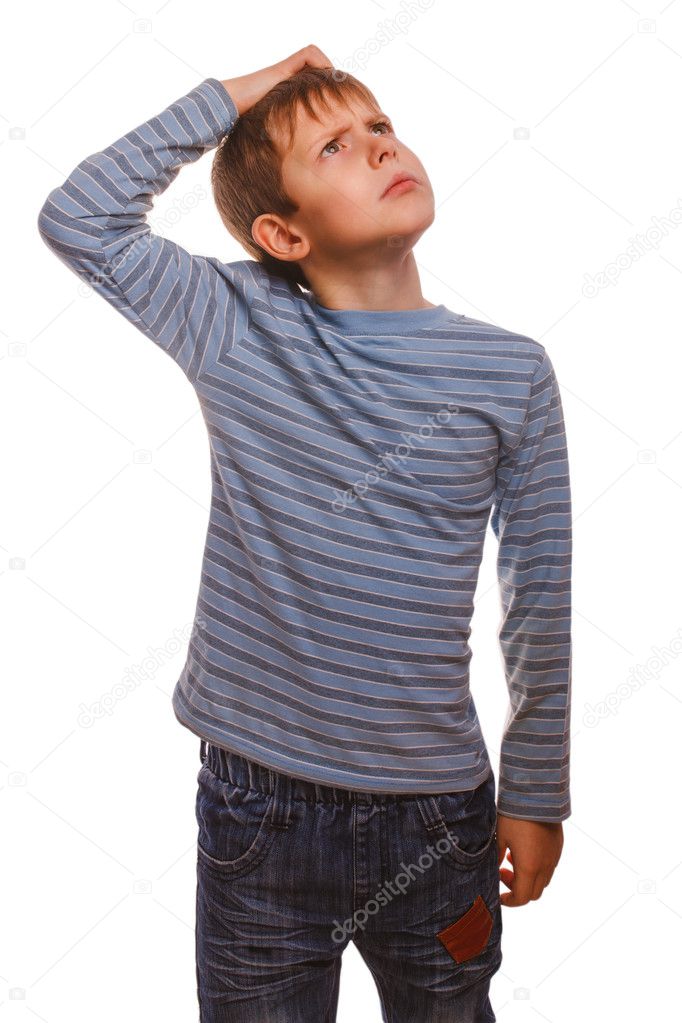 Blond kid boy in striped sweater thinks scratching his head hair