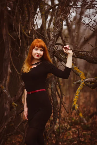 Rödhårig kvinna i svart klänning mörk skog, torra grenar — Stockfoto