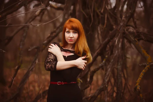 Mulher de cabelos vermelhos no outono inimigos escuros — Fotografia de Stock