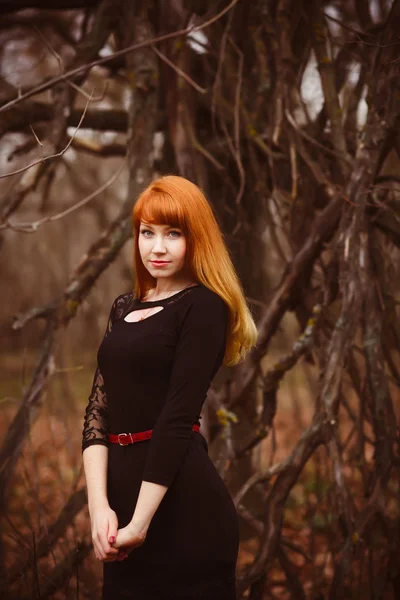 Cara chica modelo de pelo rojo en vestido de mujer negro otoño seco — Foto de Stock