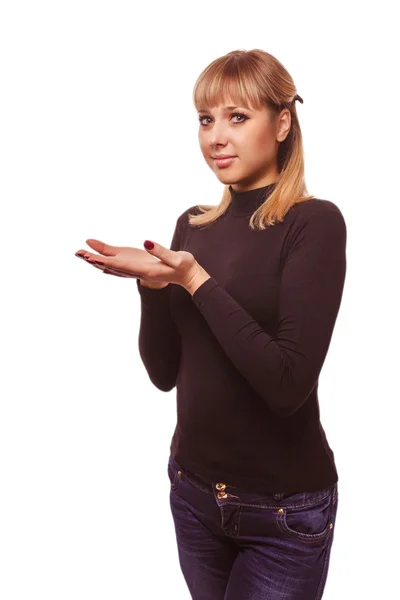 Mulher mostrando mão aberta segurando preto — Fotografia de Stock