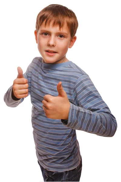 Boy kid blonde in striped jacket holding thumbs up — Stock Photo, Image