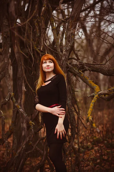 Menina ruiva mulher na floresta escura — Fotografia de Stock