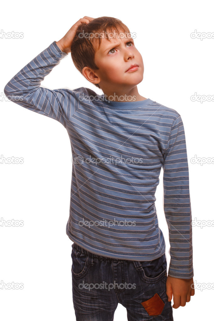 kid blond boy in striped sweater thinks scratching his head hair
