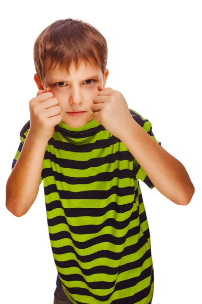 Child boy blond bully angry bad aggressive fights in striped gre — Stock Photo, Image