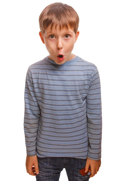 Kid blond man raised his hands up boy surprised — Stock Photo, Image