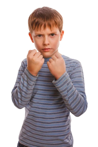 Child boy blond angry aggressive fights in striped — Stock Photo, Image