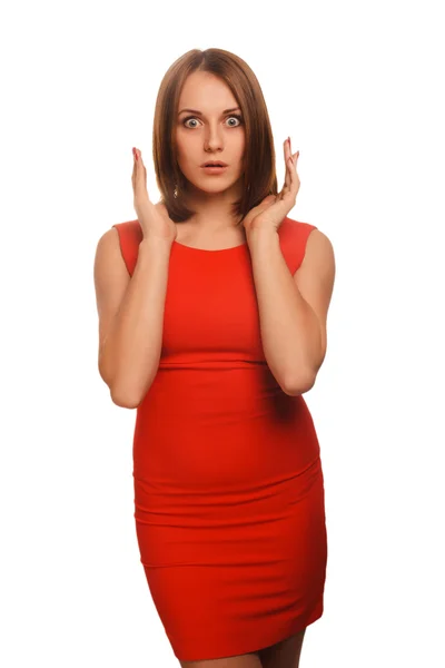 Surprised excited brunette woman throws up his hands opened her — Stock Photo, Image